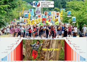 People at a climate rally holding signs