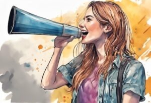 Painting of a young woman talking into a bullhorn