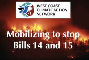 Forest fire in background with text "Mobilizing to Stop Bills 14 and 15"