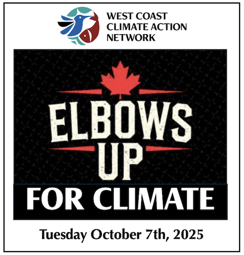 "Elbows Up For Climate" with a red Canadian maple leaf symbol above