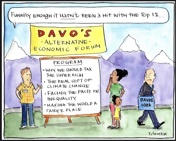 Cartoon showing the leaders of Davo's walking away from solutions