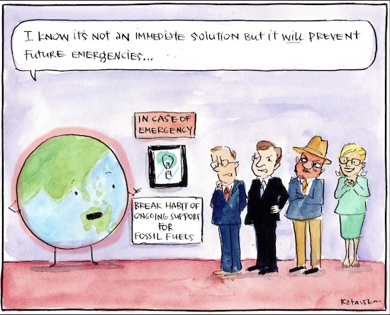 Cartoon - Earth telling business people to break the in-case-of-emergency glass