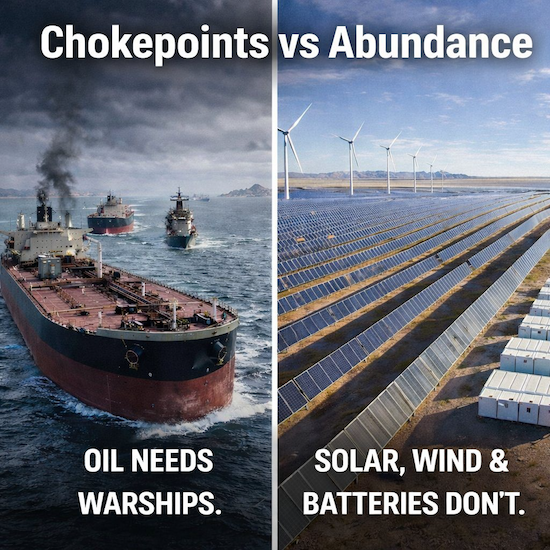 An oil tanker on one side, and a solar and wind farm on the other