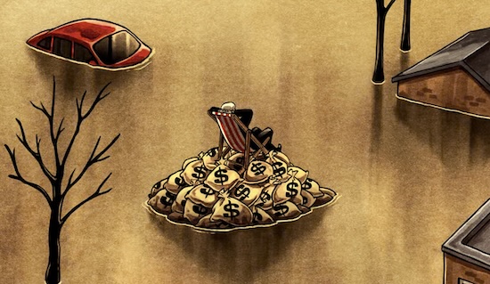 A man sitting on a pile of money in a flood