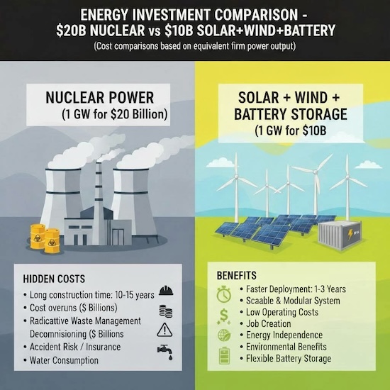 A graphic showing the hidden costs of nuclear vs the benefits of solar, wind and battery storage