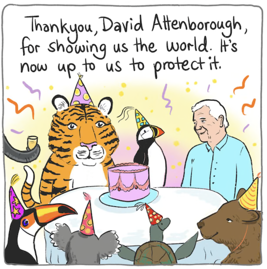 Cartoon of animals celebrating David Attenborough's 100th birthday
