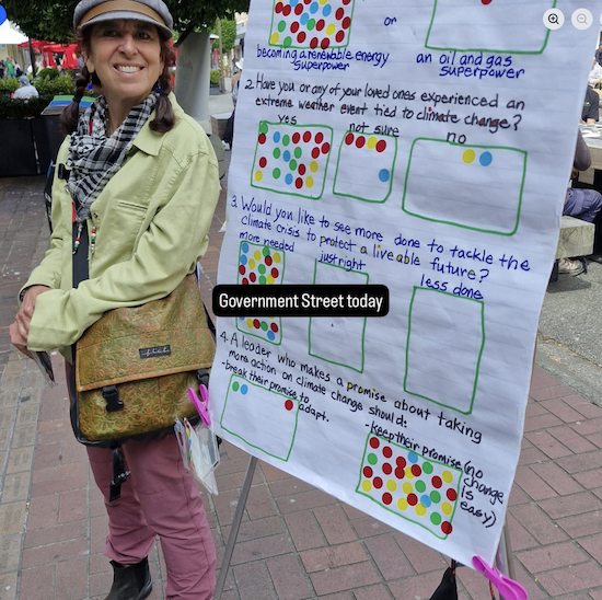 A woman standing by a sign