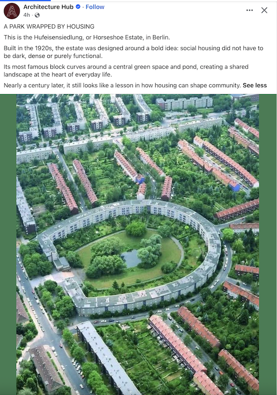 Horse shoe shapped housing block around a park with a pond