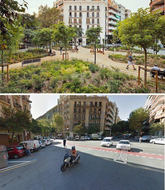 Greenspace outside a building where a large intersection used to be