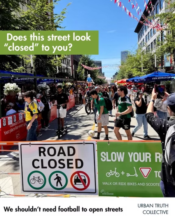 Street closed, youth kicking soccer balls, and riding bikes
