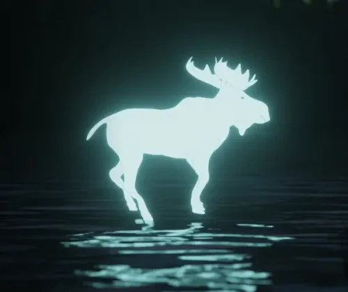 Northlore Northlore film image - A glowing moose against a black background, reflecting on water